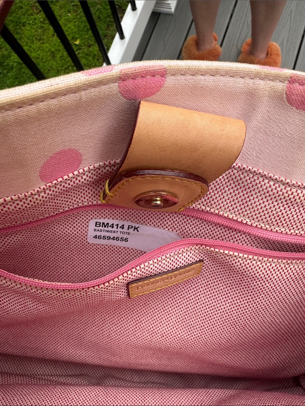 Dooney & Bourke East/West Pink Polka Dot Tote Bag with Tan Straps - Picture 15 of 15